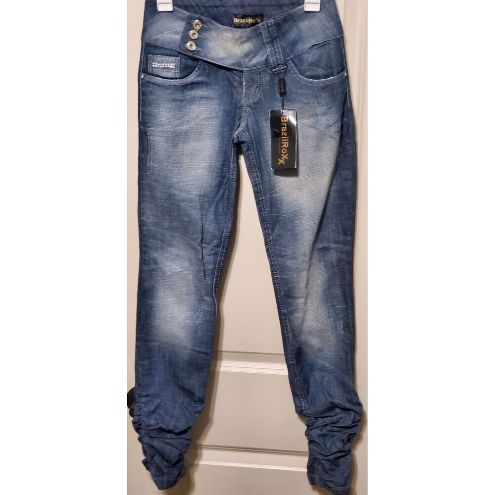 BrazilRoxx Embellished Embroidered Ruched Jeans BR 36/US 00 Blue - NEW With Tags